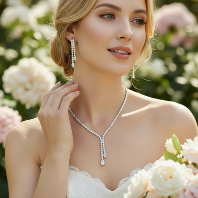 CUBIC ZIRCONIA COLLECTION - CRYSTAL SHIMMER DROP NECKLACE - CZNK268 SILVER