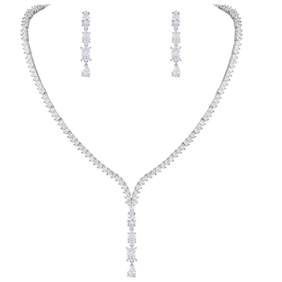 CUBIC ZIRCONIA COLLECTION - VINTAGE TREASURE  DROP NECKLACE - CZNK231 SILVER 