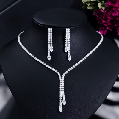 CUBIC ZIRCONIA COLLECTION - CRYSTAL SHIMMER DROP NECKLACE - CZNK268 SILVER