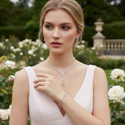 CUBIC ZIRCONIA COLLECTION - PINK SPARKLE NECKLACE SET - 4 PIECE SET -CZNK271