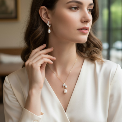 CUBIC ZIRCONIA COLLECTION - VINE FRESHWATER PEARL NECKLACE SET - CZNK252 GOLD