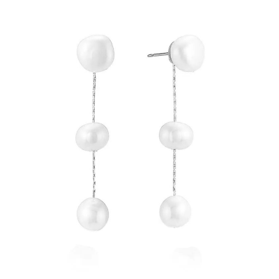 ATHENA COLLECTION - FRESHWATER PEARL DAINTY DROP EARRINGS - CZER782 SILVER