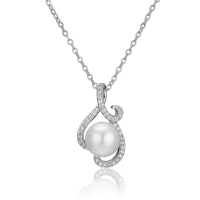 CUBIC ZIRCONIA COLLECTION - CHARMING PEARL NECKLACE - CZNK169 SILVER