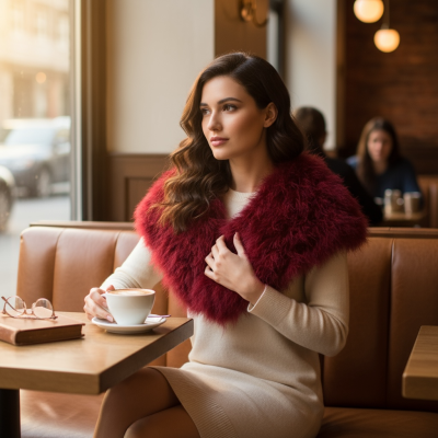 VINTAGE INSPIRED MARABOU FEATHER STOLE - WINE (SG1) RIBBON FASTENING