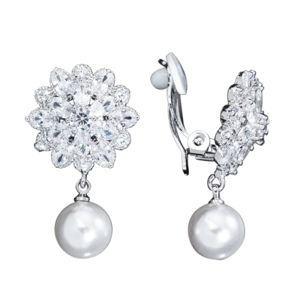 CUBIC ZIRCONIA COLLECTION - PEARL DROP  CLIP ON EARRINGS - CZER695 SILVER