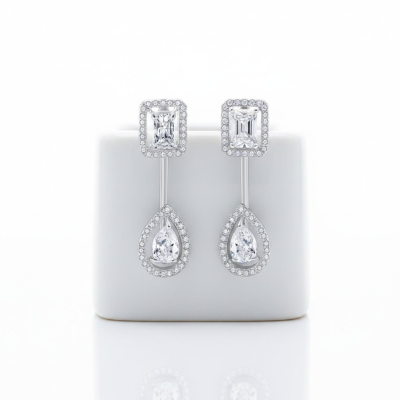 CUBIC ZIRCONIA COLLECTION - ART DECO DROP EARRINGS - CZER921 SILVER