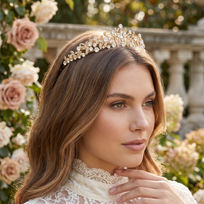 CUBIC ZIRCONIA COLLECTION - SHIMMERING VINE TIARA - AHB238 GOLD