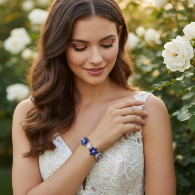 CUBIC ZIRCONIA COLLECTION - GLITZY GLAM FLOWER BRACELET - BLUE (BR176)