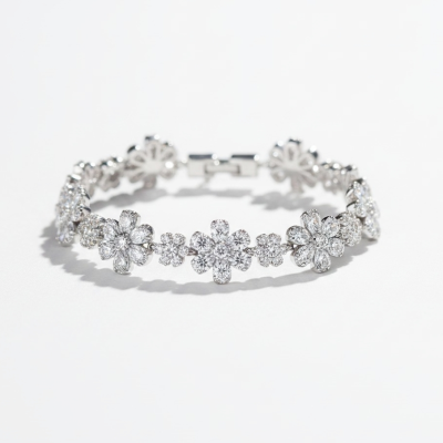 CUBIC ZIRCONIA COLLECTION - GLITZY GLAM FLOWER BRACELET - SILVER (BR176)