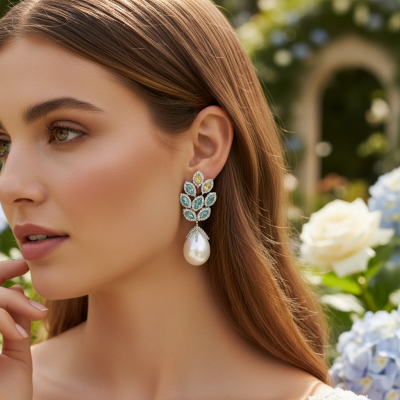 CUBIC ZIRCONIA COLLECTION - VINTAGE INSPIRED PEACOCK FEATHER DROP EARRINGS - CZER918 