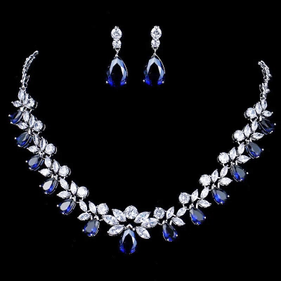 CUBIC ZIRCONIA COLLECTION - SHIMMERING STARLET NECKLACE SET - CZNK150 SAPPHIRE