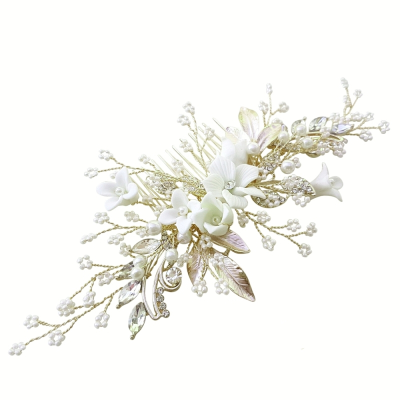 ATHENA COLLECTION -EXQUISITE FLORAL EMBELLISHED HAIR COMB - LIGHT GOLD- HC173