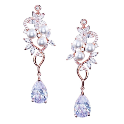 CUBIC ZIRCONIA COLLECTION - PEARL BLOOM EARRINGS- CZER658 ROSE GOLD