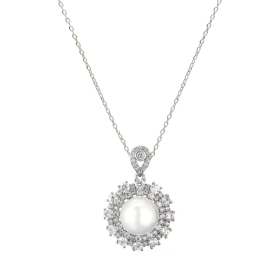 CUBIC ZIRCONIA COLLECTION - ELEGANCE OF PEARL NECKLACE - CZNK157 SILVER