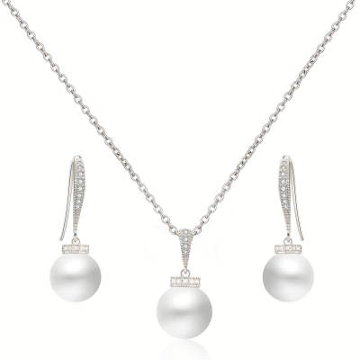 CUBIC ZIRCONIA COLLECTION - ELEGANCE PEARL NECKLACE SET CZNK209 SILVER 