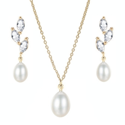CUBIC ZIRCONIA COLLECTION -PRECIOUS PEARL NECKLACE SET - CZNK197 GOLD 