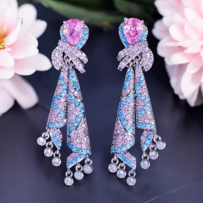 CUBIC ZIRCONIA COLLECTION - BRIDGERTON STYLE EARRINGS - PINK - CZER902