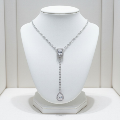 CUBIC ZIRCONIA COLLECTION - ART DECO DROP NECKLACE - CZNK276 SILVER