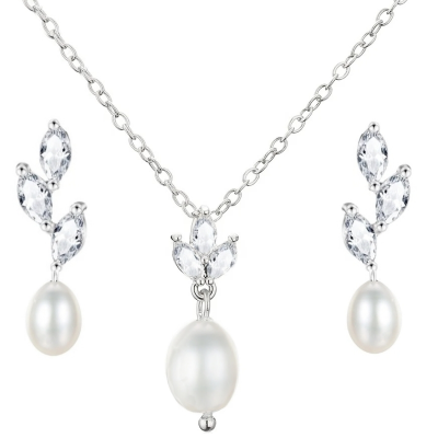 CUBIC ZIRCONIA COLLECTION -SPARKLE PEARL NECKLACE SET - CZNK203 SILVER