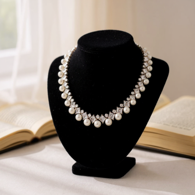CUBIC ZIRCONIA COLLECTION - LUXE PEARL NECKLACE SET - CZNK274 SILVER 