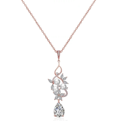 CUBIC ZIRCONIA COLLECTION - PEARL BLOOM NECKLACE- CZNK165 ROSE GOLD
